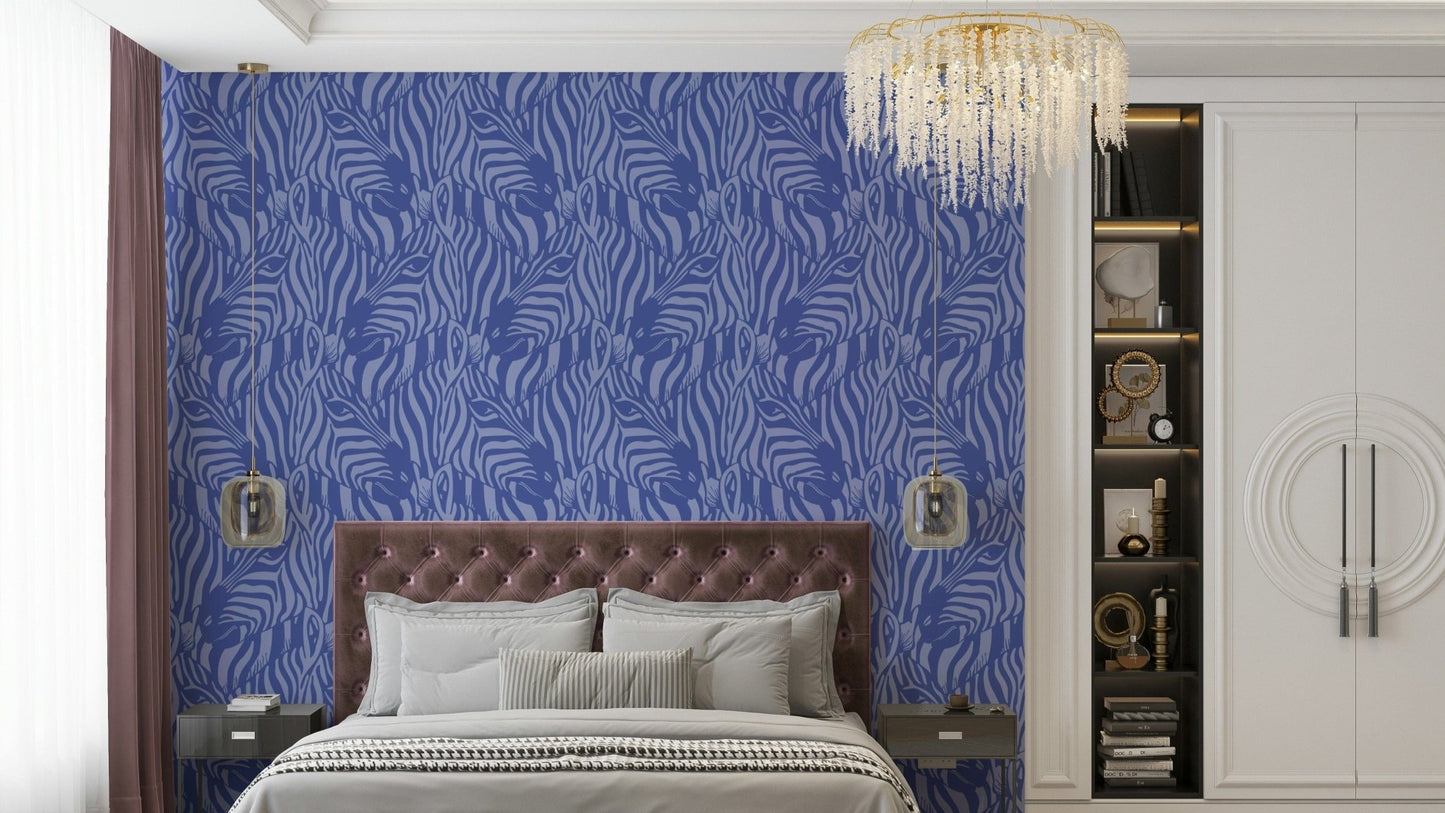 A wall mural of a zebra herd with artistic stripes.

