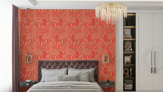 A wall mural of a zebra herd with artistic stripes.

