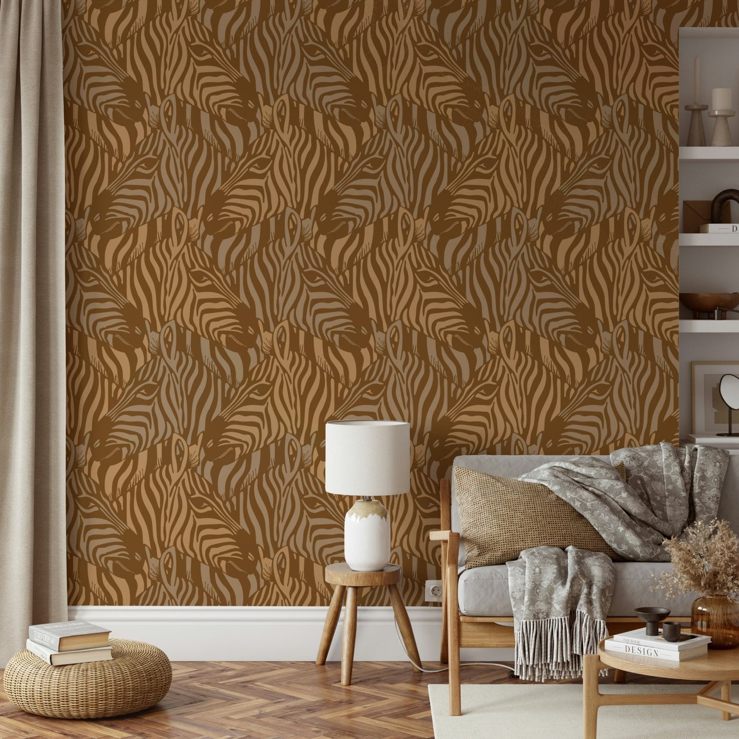 A wall mural of a zebra herd with artistic stripes.

