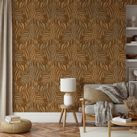 A wall mural of a zebra herd with artistic stripes.

