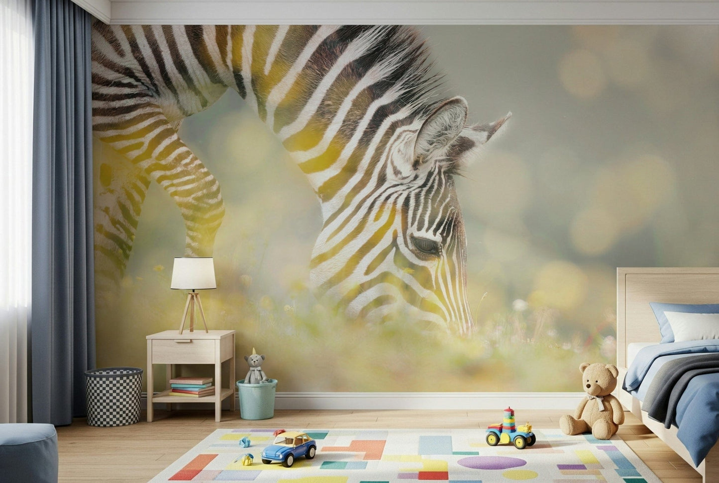Zebra's Grazing Gaze Wallpaper used as a feature wall in a neutral lounge.