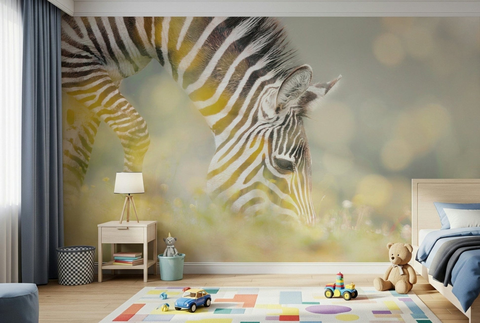 Zebra's Grazing Gaze Wallpaper used as a feature wall in a neutral lounge.