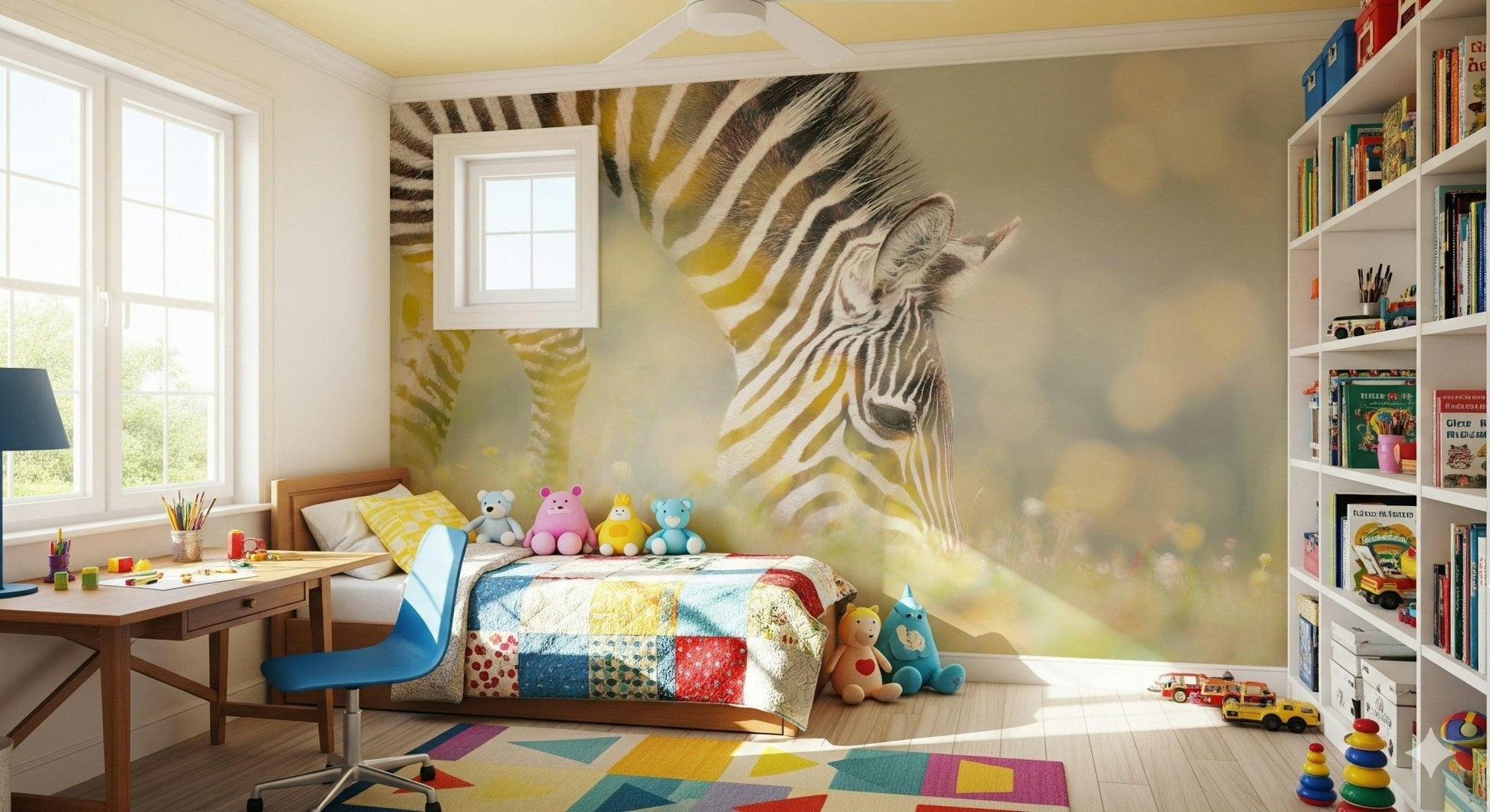 Safari wildlife wallpaper featuring grazing animals for a calm bedroom.