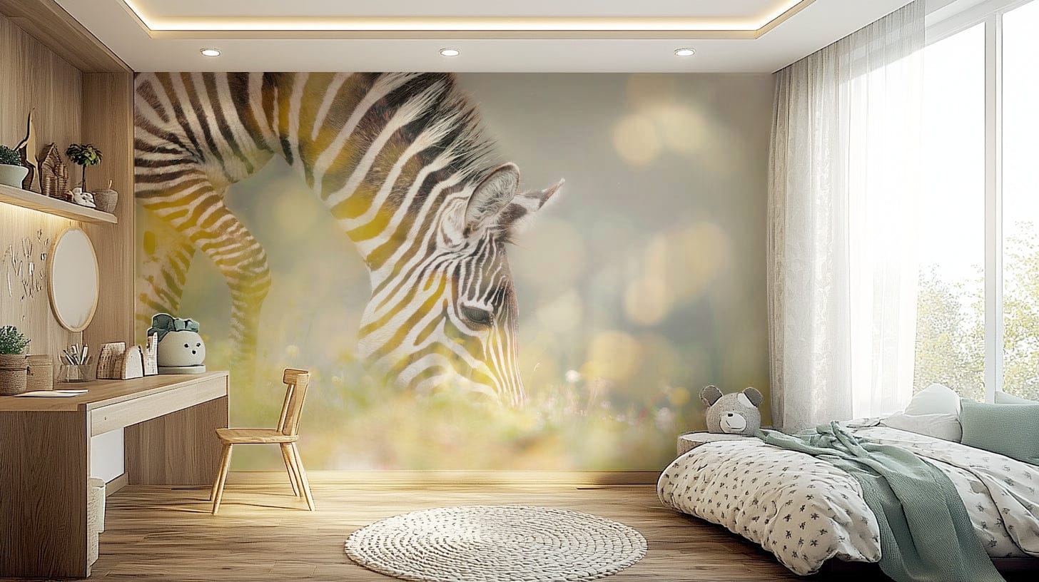Zebra's Grazing Gaze wall mural showing a serene field in a guest suite.