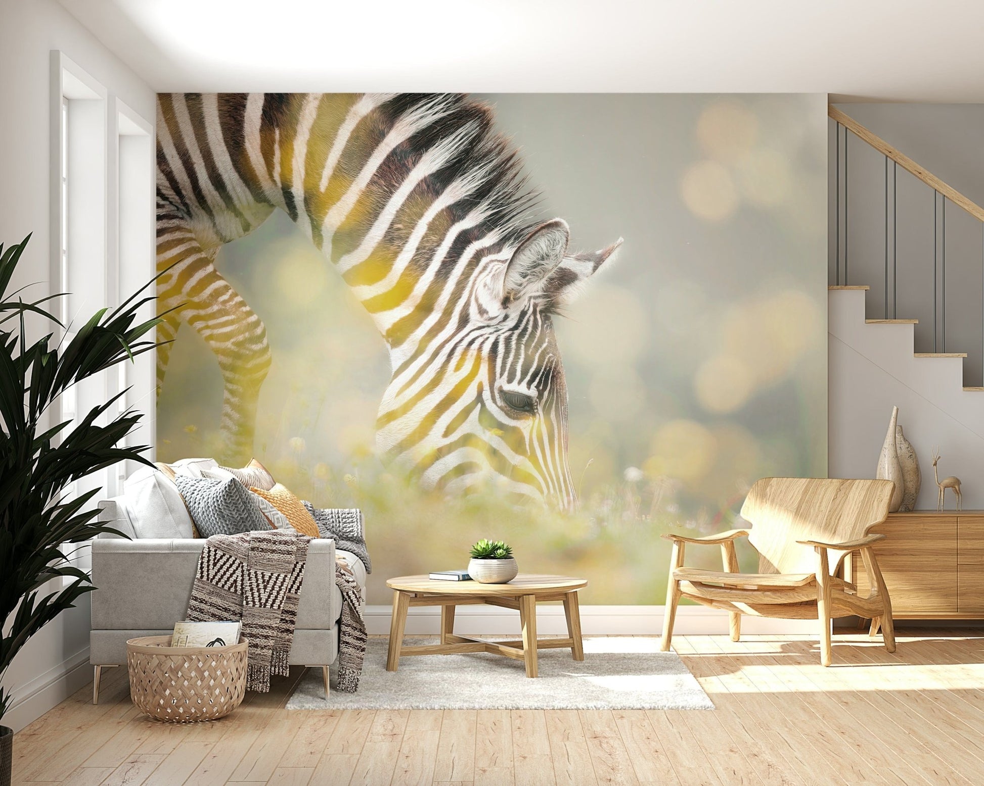 Zebra's Grazing Gaze Wallpaper with soft grass tones in a dining area.