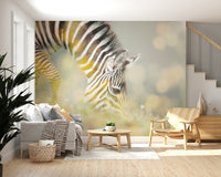 Zebra's Grazing Gaze Wallpaper with soft grass tones in a dining area.