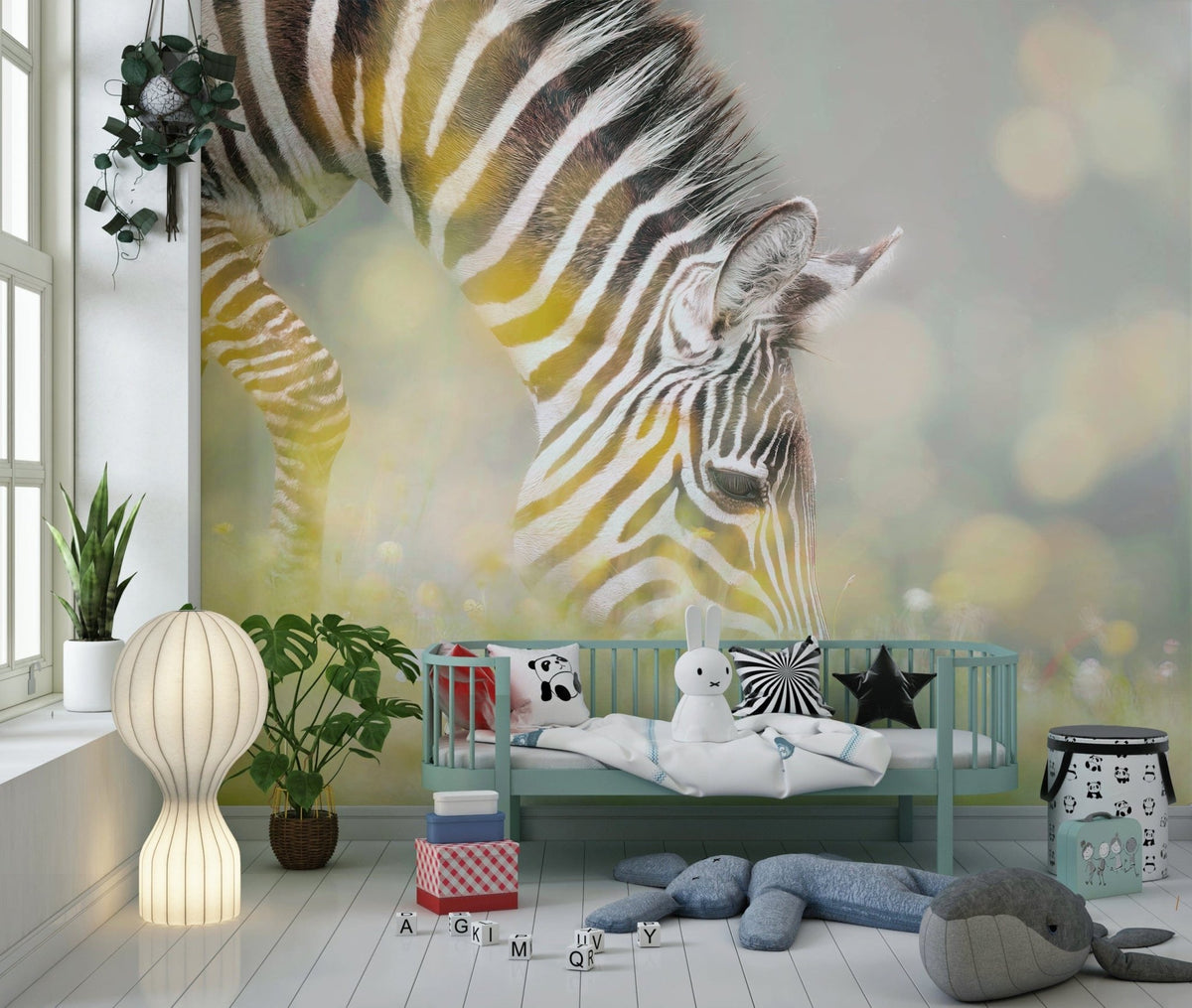 Zebra's Grazing Gaze Wall Mural with striped zebras in a modern living room., GD5960