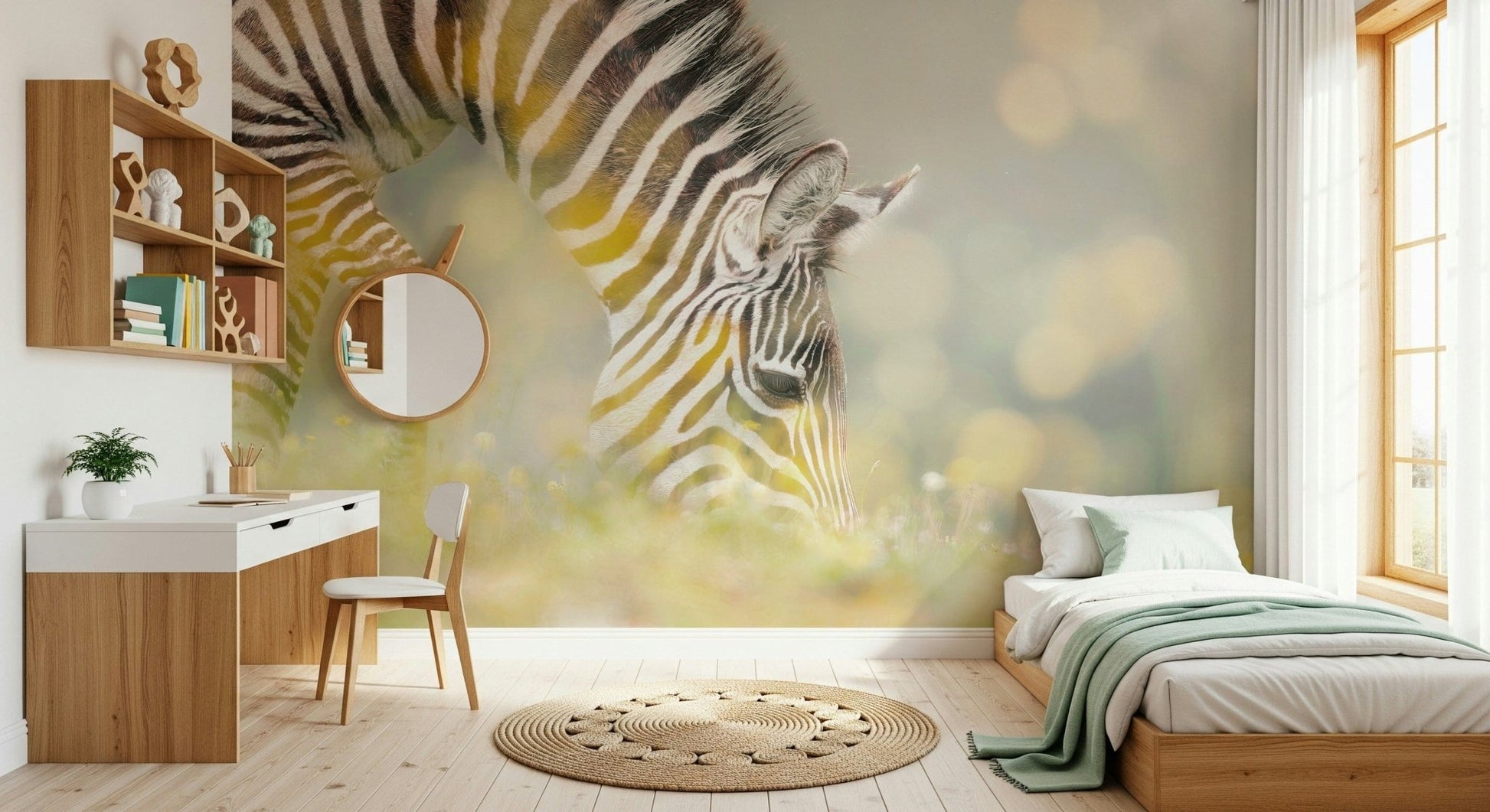 Monochrome zebra wall mural in a contemporary home office setting.