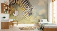 Monochrome zebra wall mural in a contemporary home office setting.