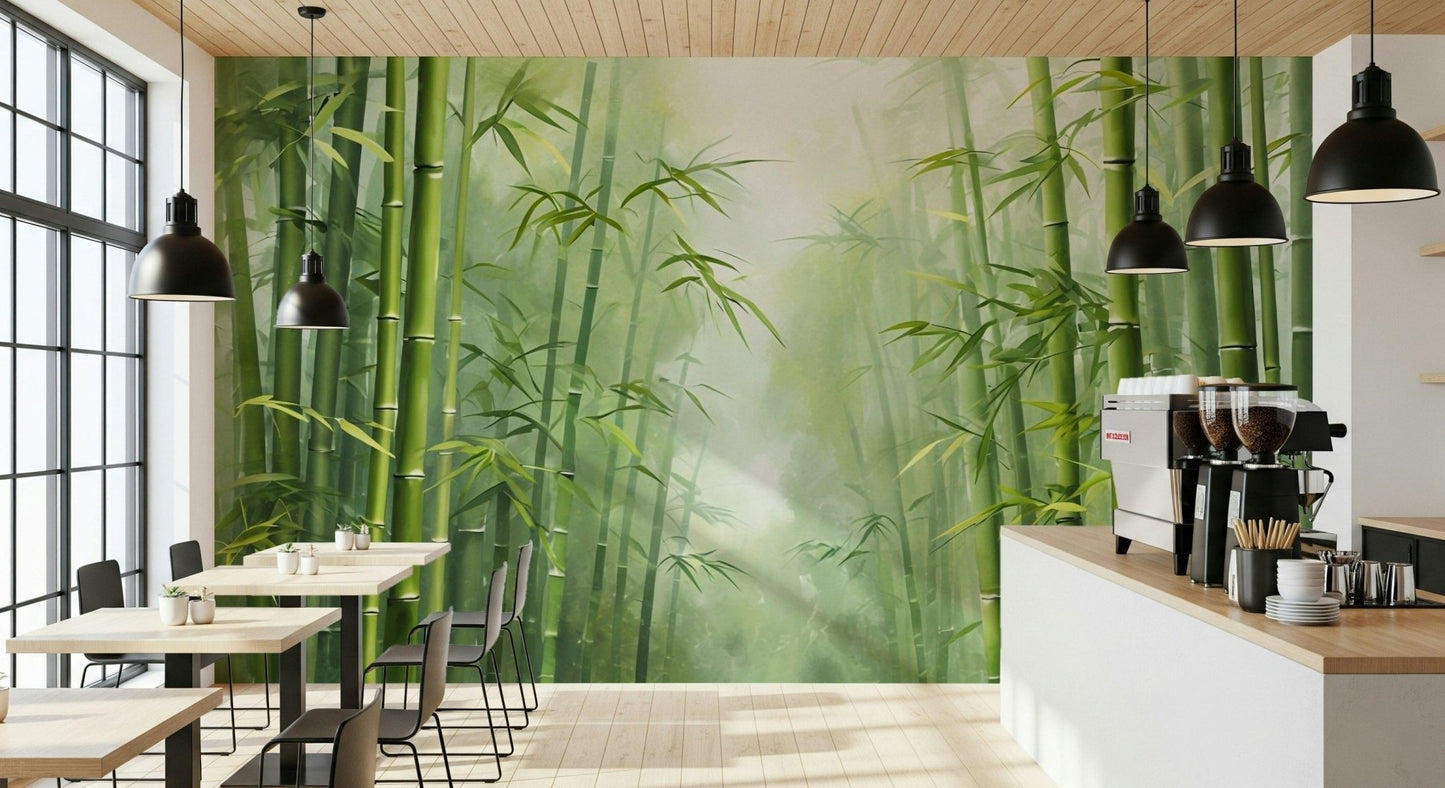 Botanical wall mural featuring realistic bamboo stalks and shadows.