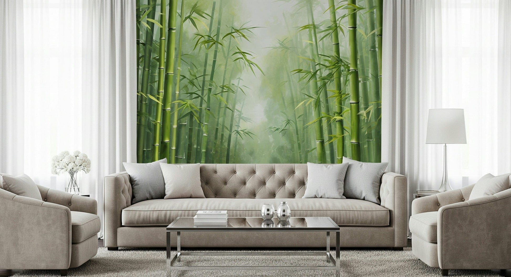 Lush green bamboo wallpaper showing dense stalks and vibrant leaves.