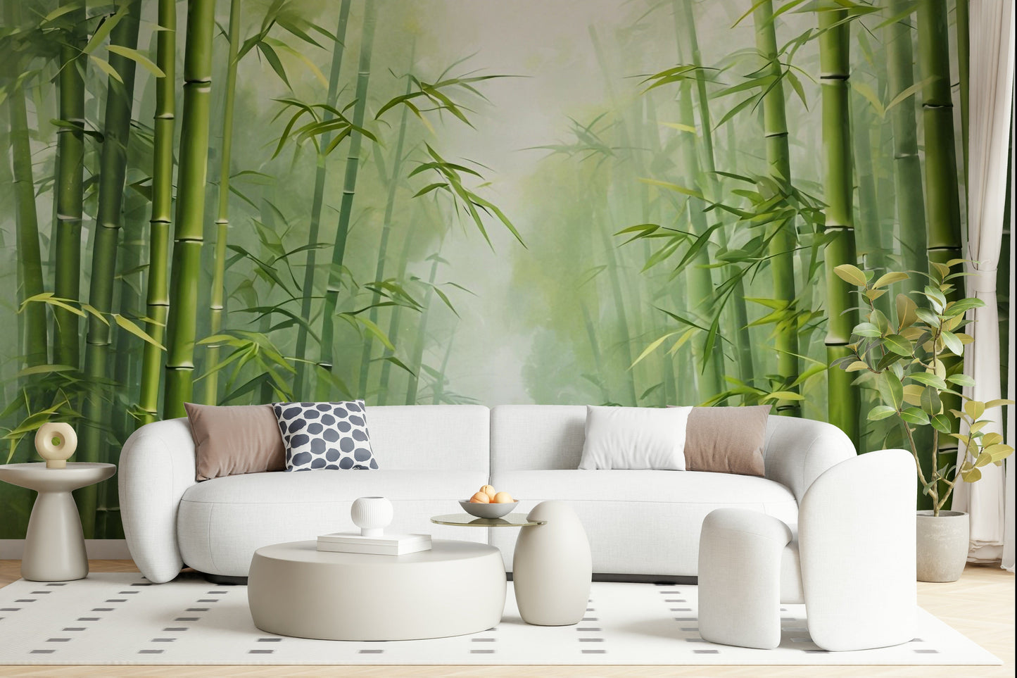 Green Zen bamboo forest wall mural with tall stalks and filtered light.