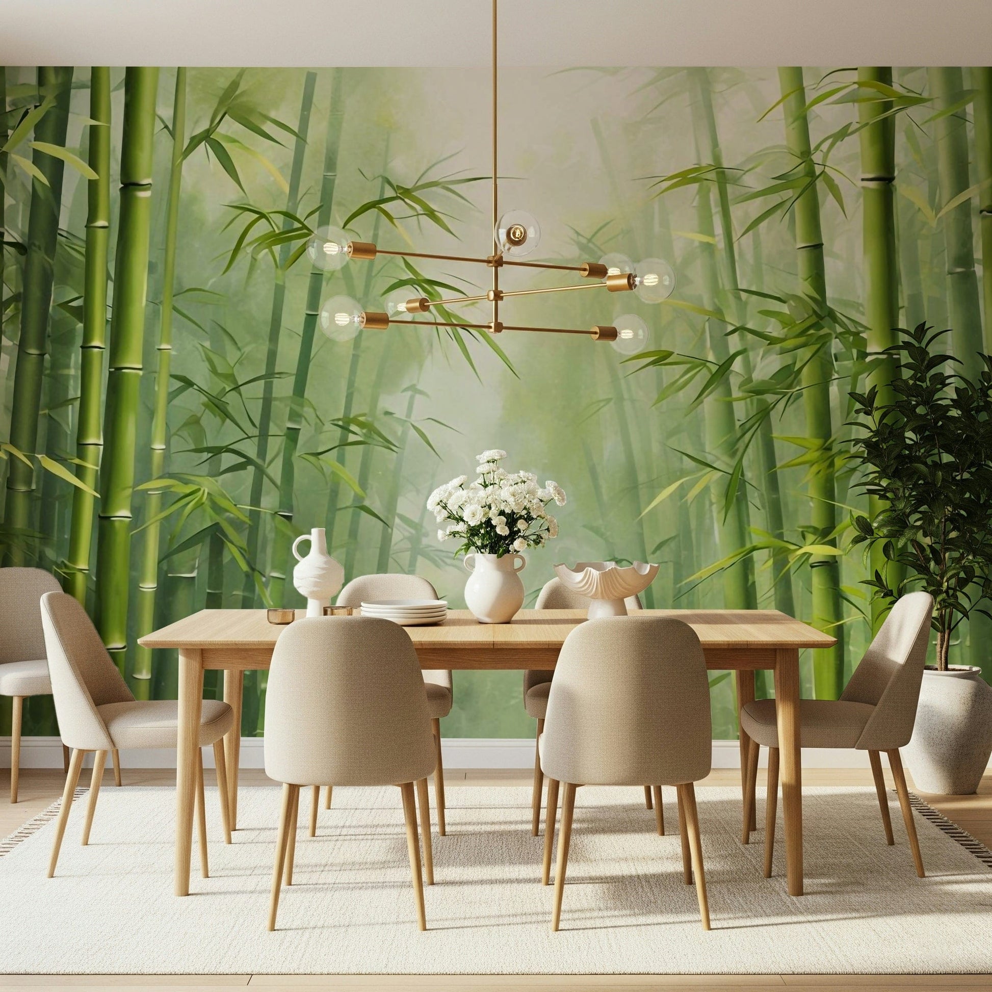 Minimalist bamboo wallpaper in shades of emerald and lime green.