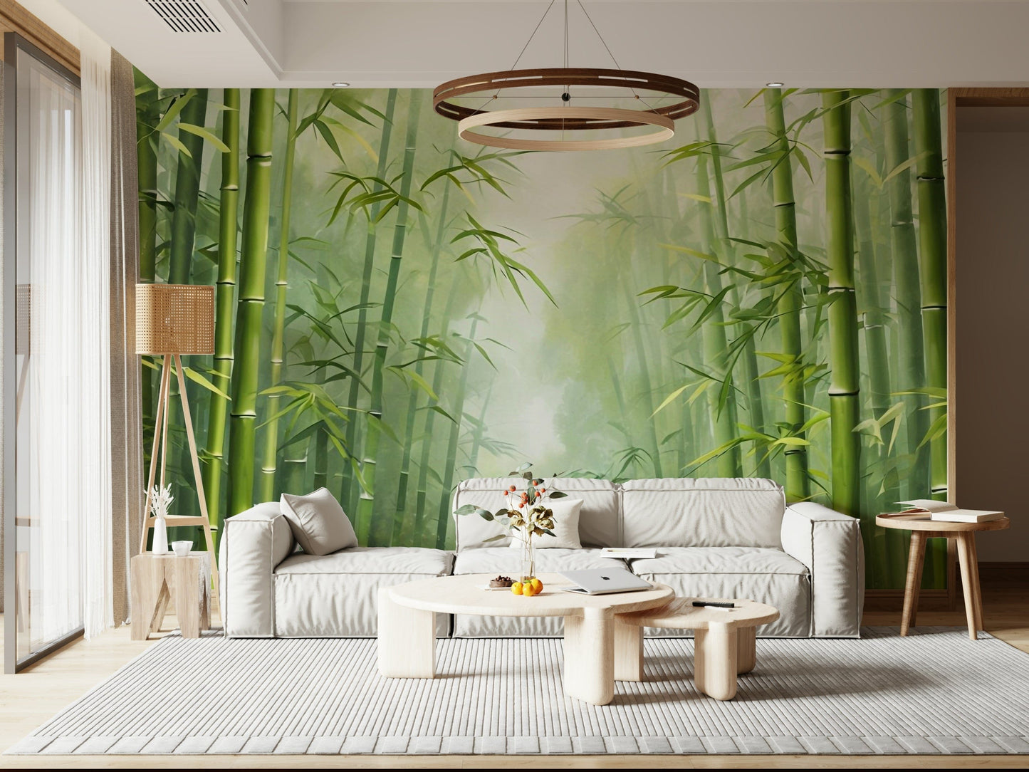 Zen bamboo forest wall mural with a soft focus forest floor.