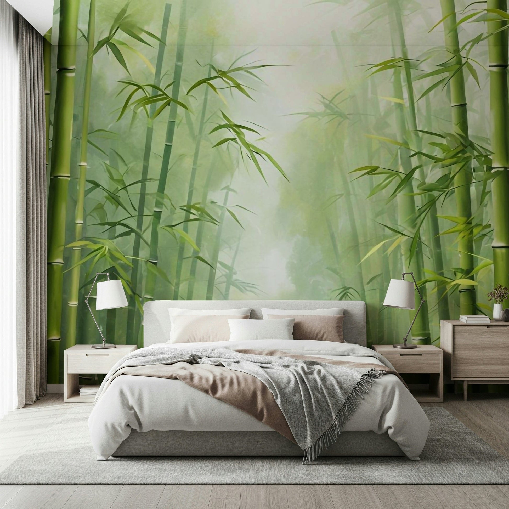 Nature inspired wall mural depicting a peaceful Zen bamboo forest.