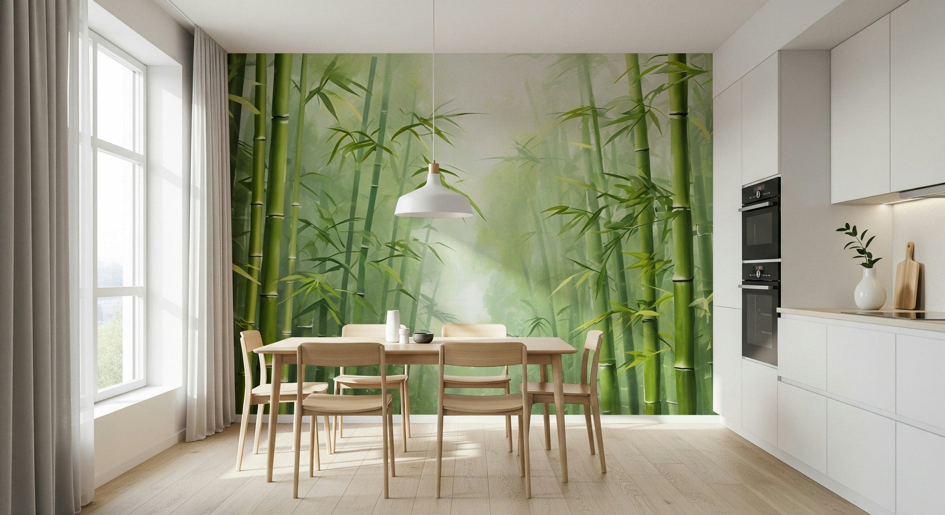 Vertical bamboo stalks wallpaper for a minimalist botanical interior.