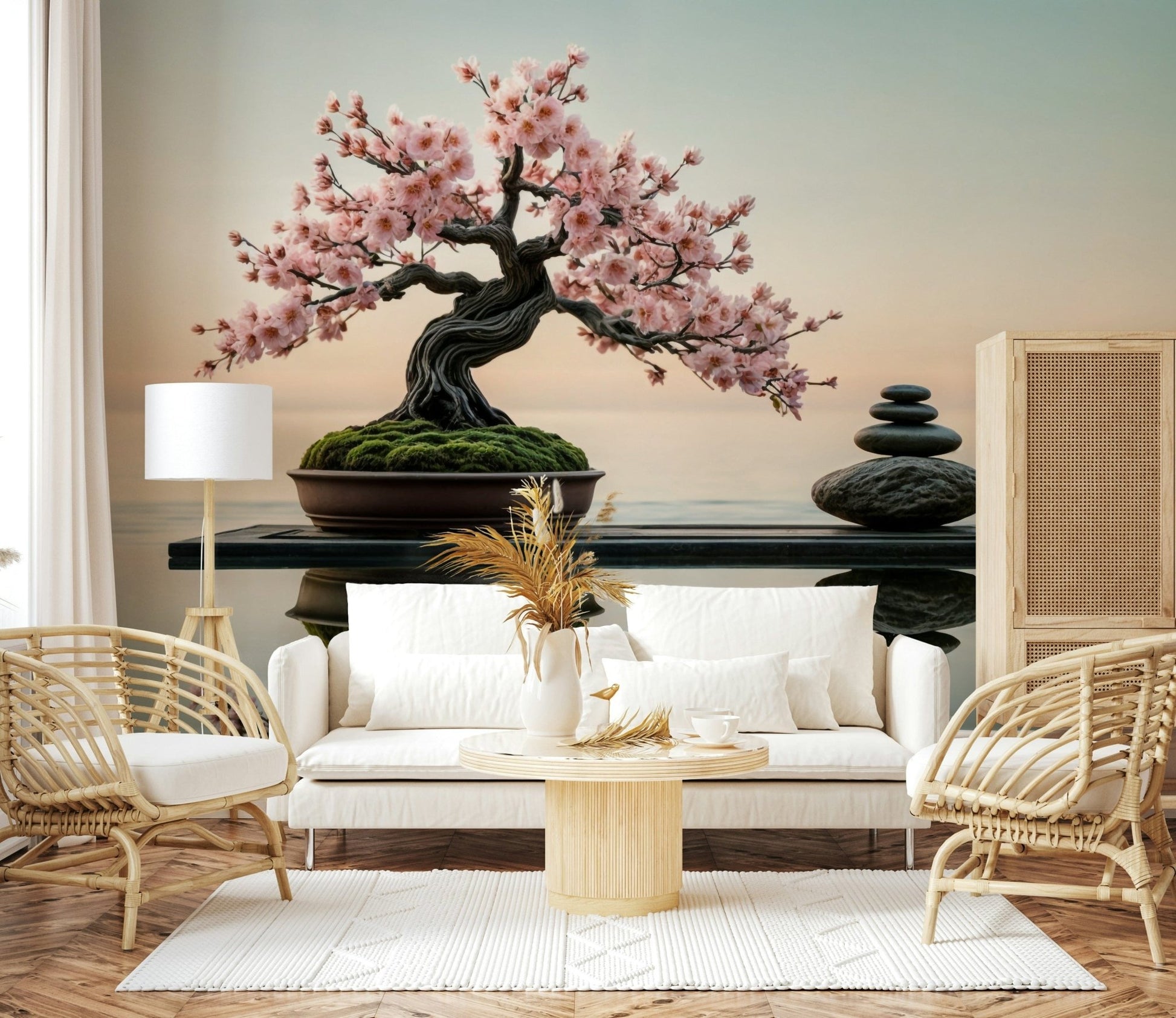 Minimalist floral wall mural for a quiet home office.