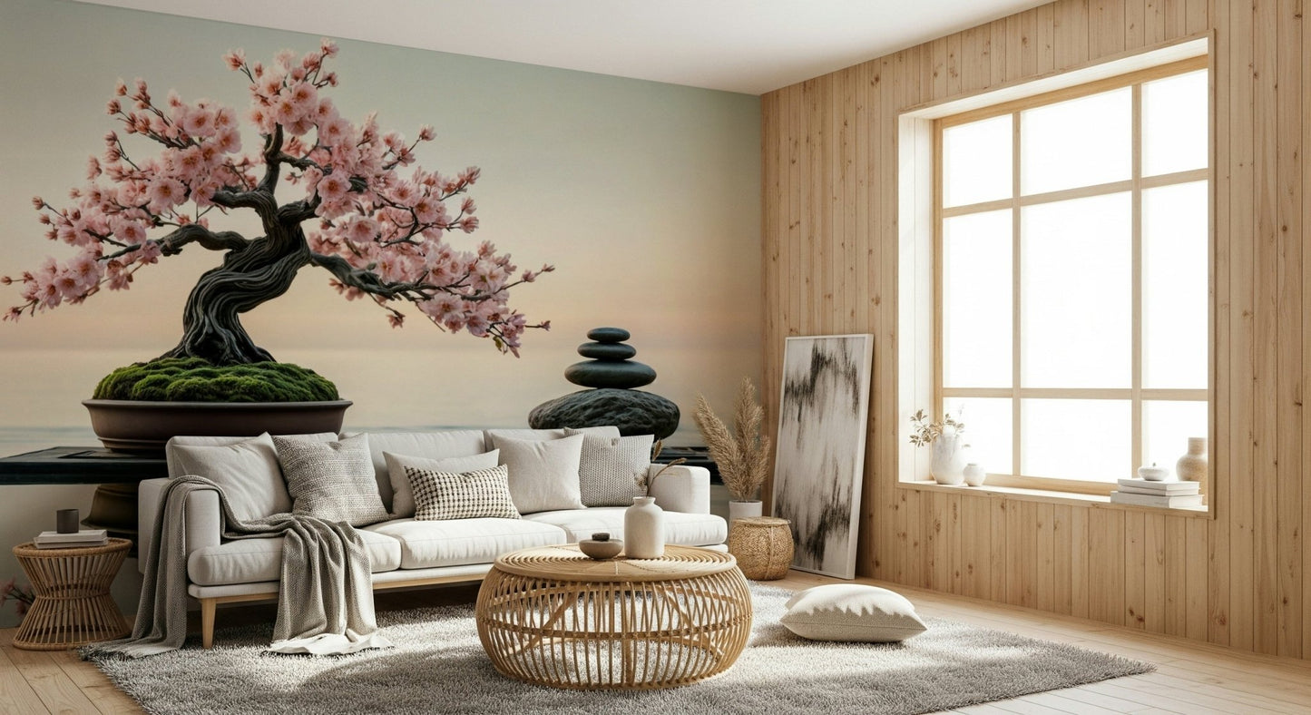 Pink cherry blossom wallpaper for a serene bedroom decor.