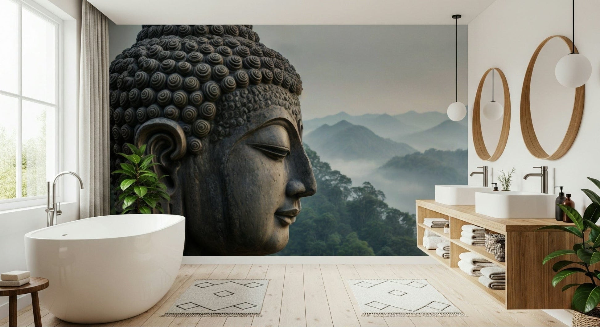 Zenith Buddha Vista Wall Mural in a sunlit yoga studio wallpaper mural