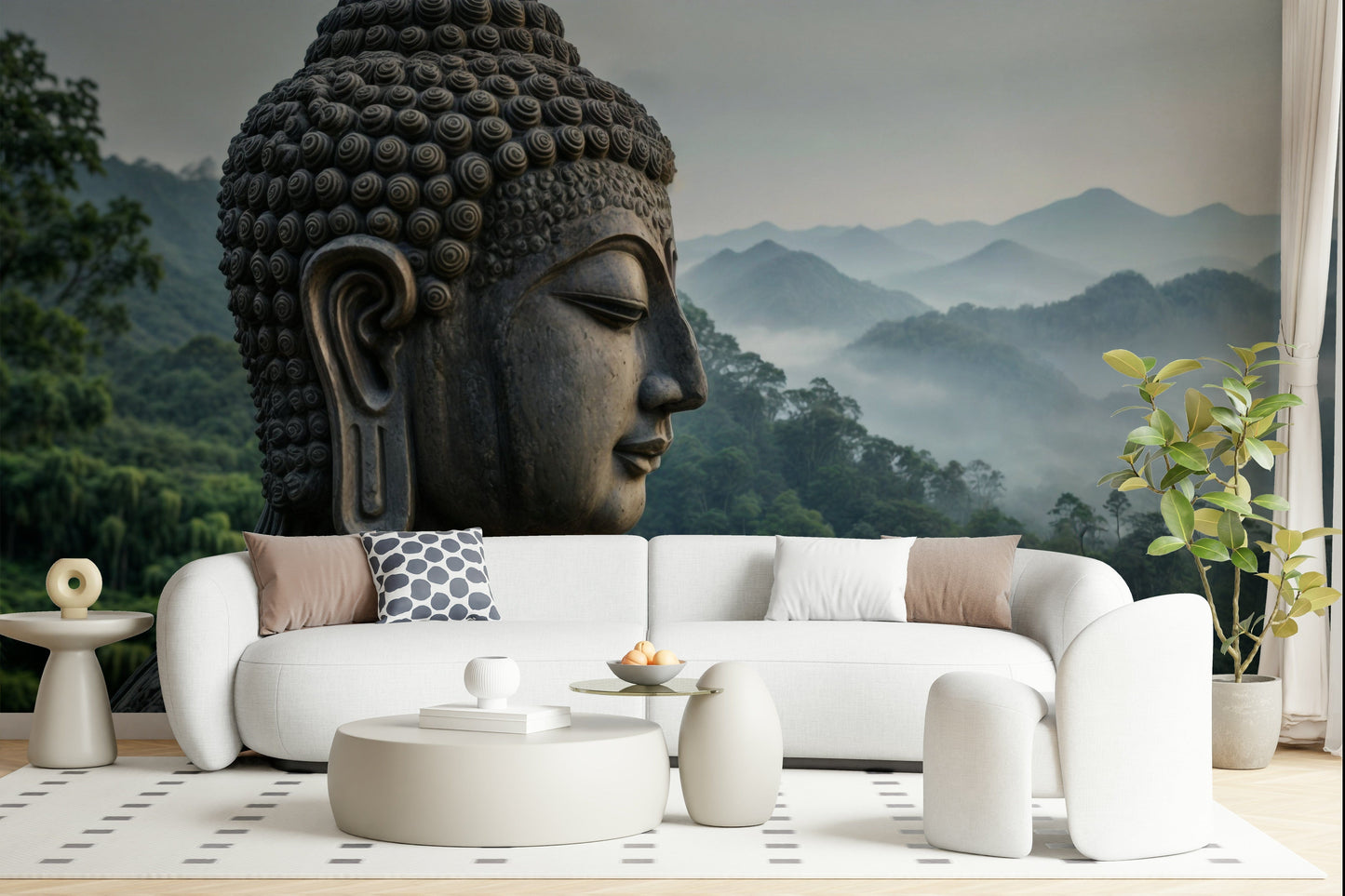 Zenith Buddha Vista Wall Mural with neutral decor accents wallpaper mural