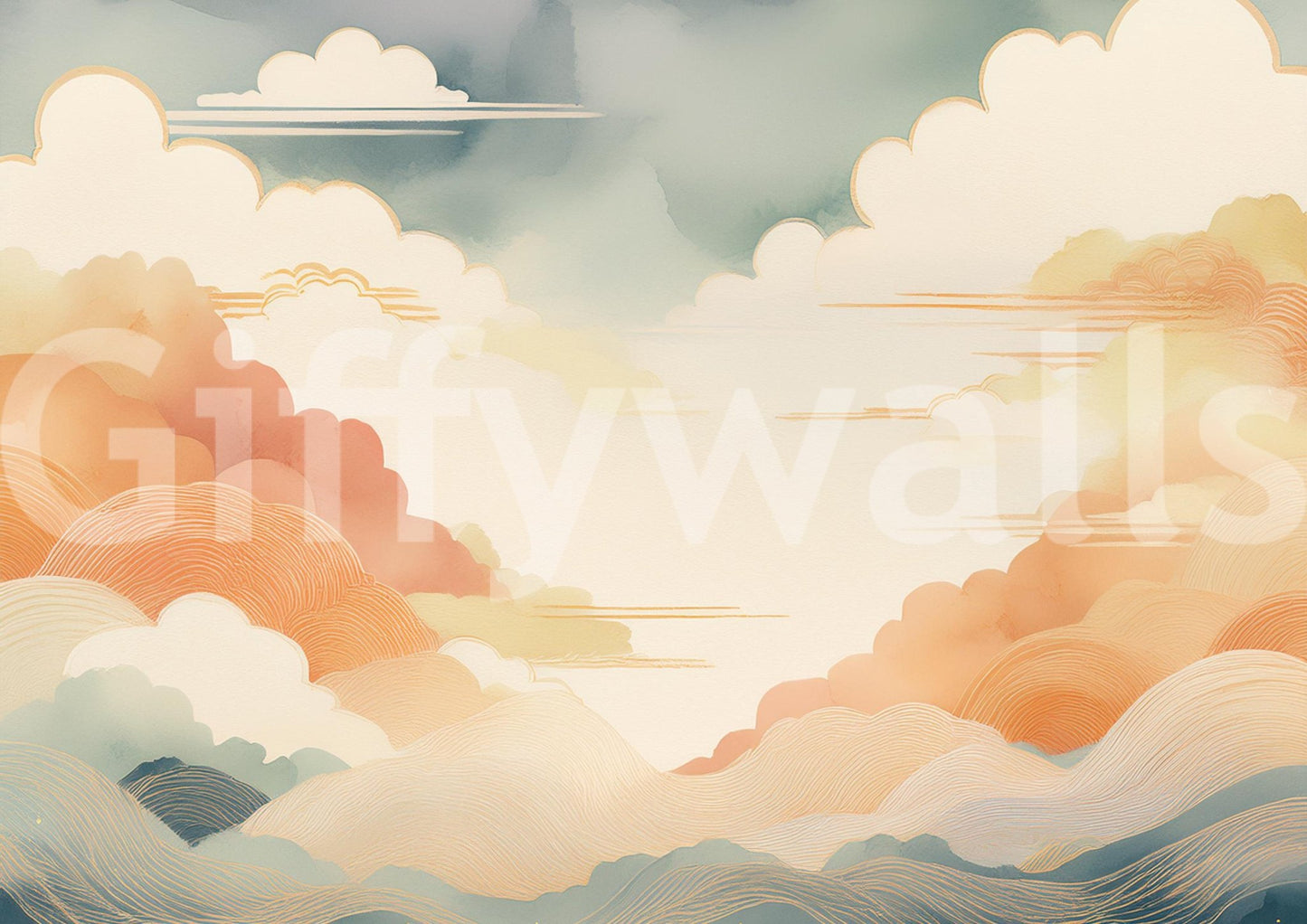 Calm and serene Zen cloudscape mural for interiors

