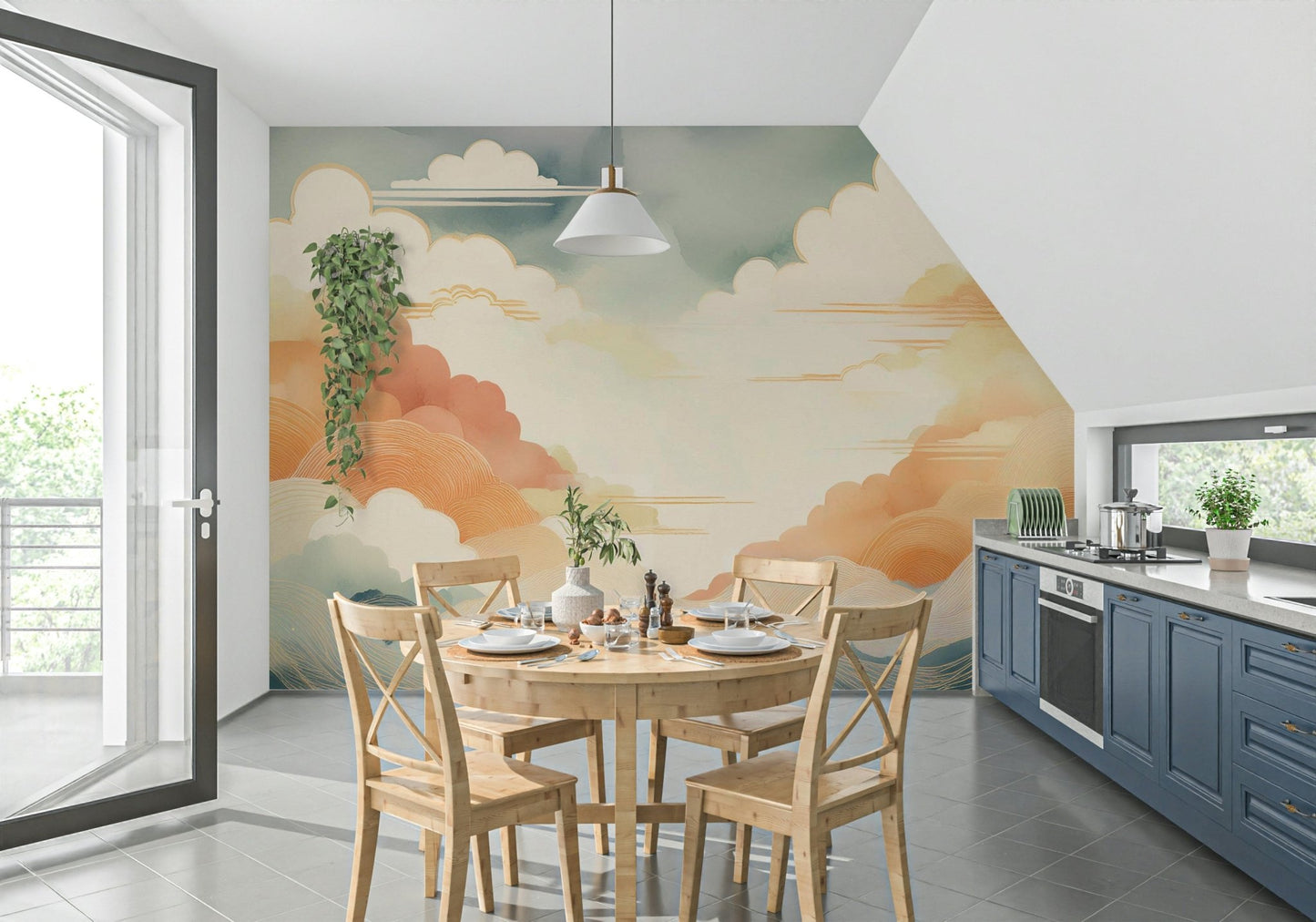 Soft cloud mural for a Zen-inspired home ambiance

