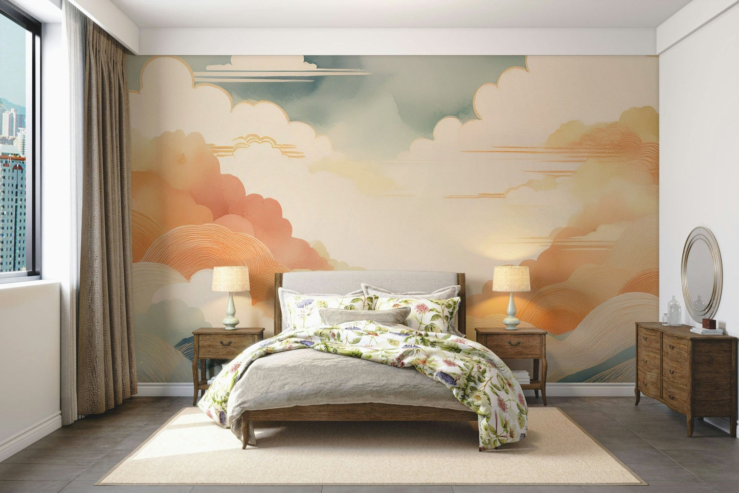Soft Zen cloudscape wall mural for relaxing rooms

