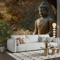 Zen Garden Buddha Wall Mural showing a stone statue in a modern lounge., GD8003