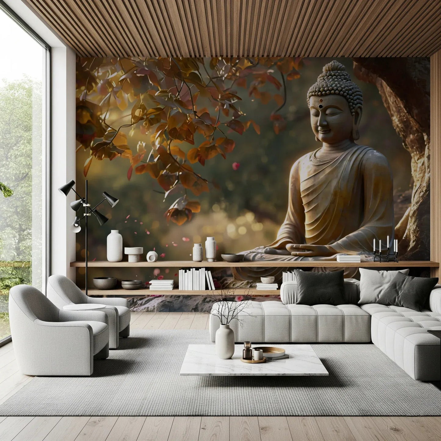 Zen Garden Buddha Wall Mural behind a wooden table in a bright apartment., GD8003