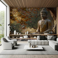 Zen Garden Buddha Wall Mural behind a wooden table in a bright apartment., GD8003