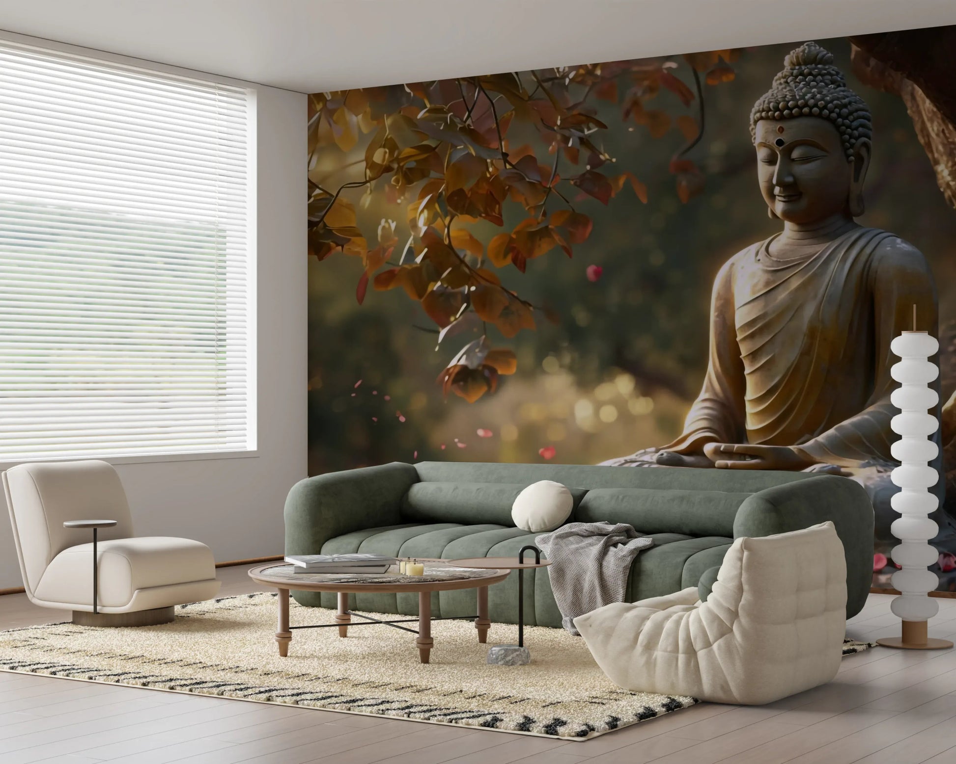 Guest bedroom with Zen Garden Buddha Wall Mural in soft natural tones., GD8003