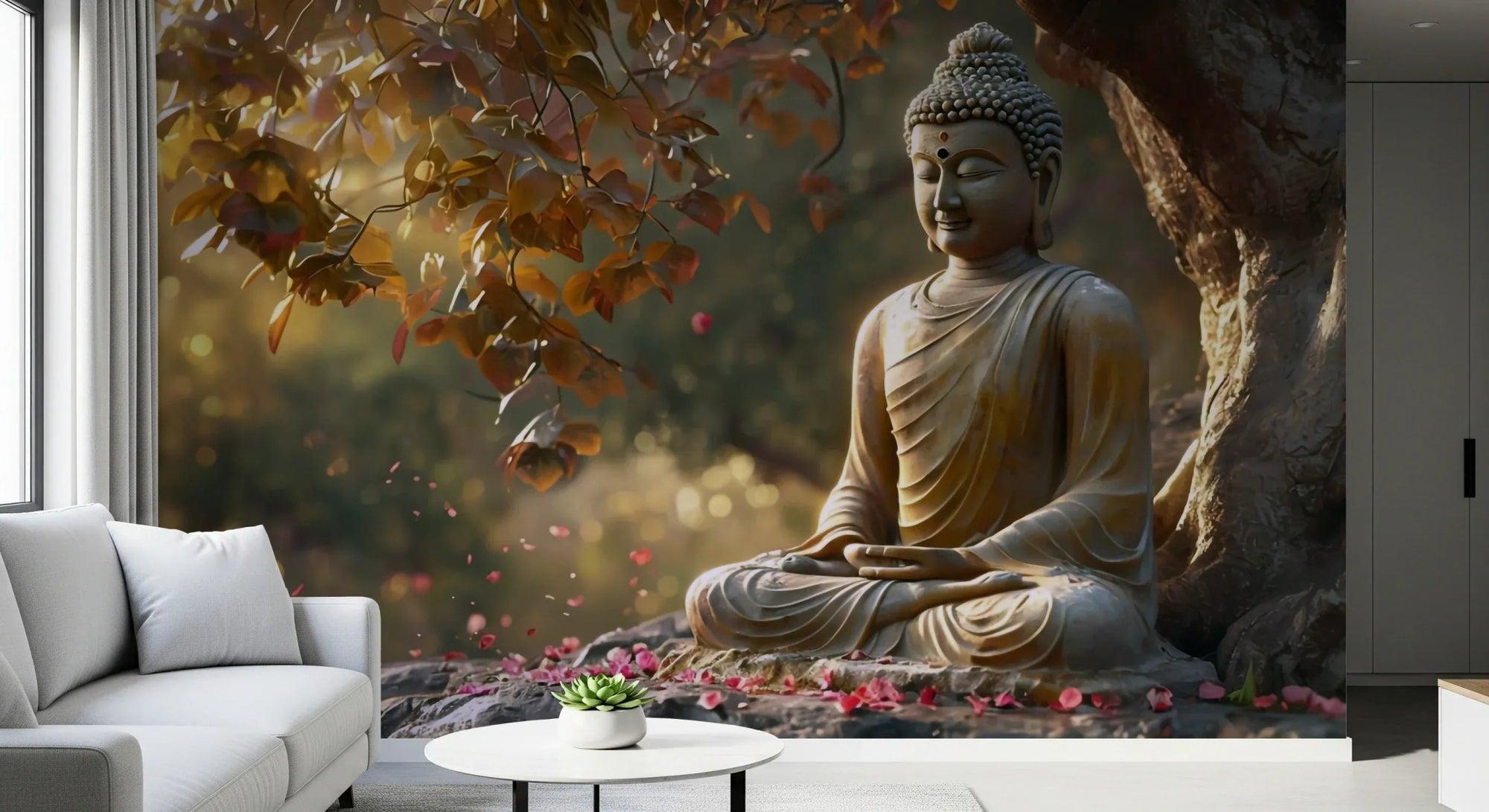 Quiet home office with Zen Garden Buddha Wall Mural for a focused environment., GD8003