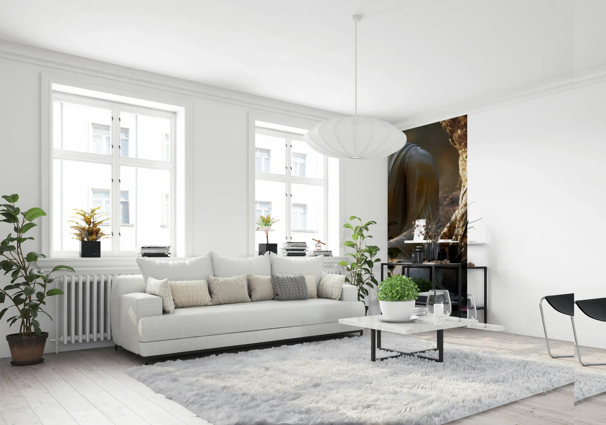 Zen Garden Buddha Wall Mural in a minimalist living room with bamboo accents., GD8003