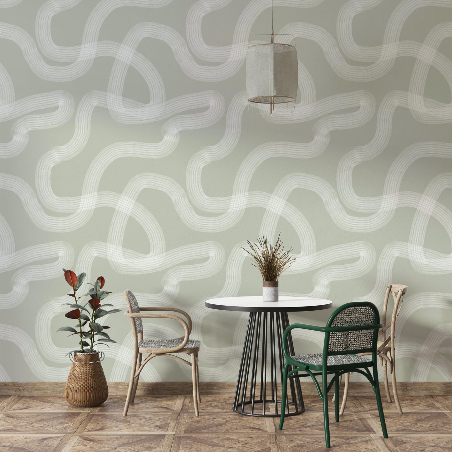 Zen wallpaper with beige-grey hues and ripple sand effect.


