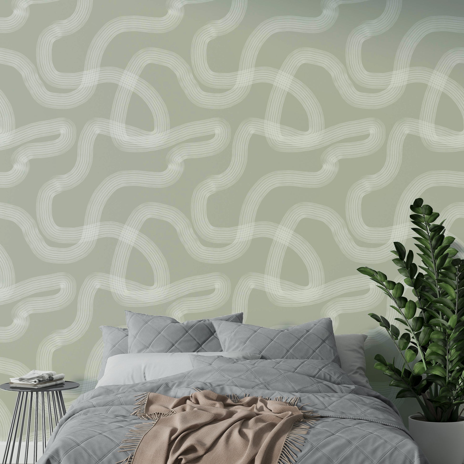 Greige wallpaper with Zen garden-inspired sand textures.

