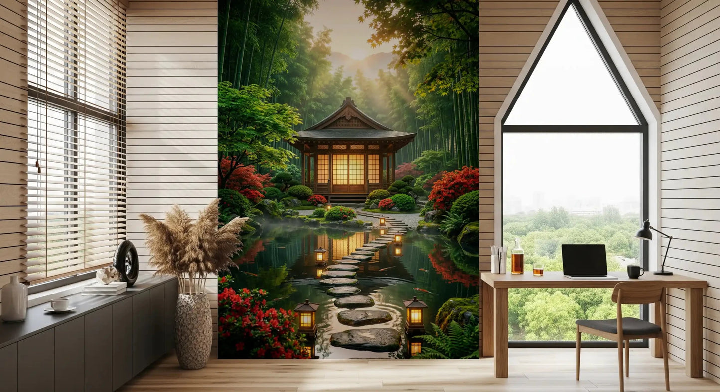 Workplace styled with Zen Garden Retreat Wall Mural near a sloped ceiling sofa, GD8930