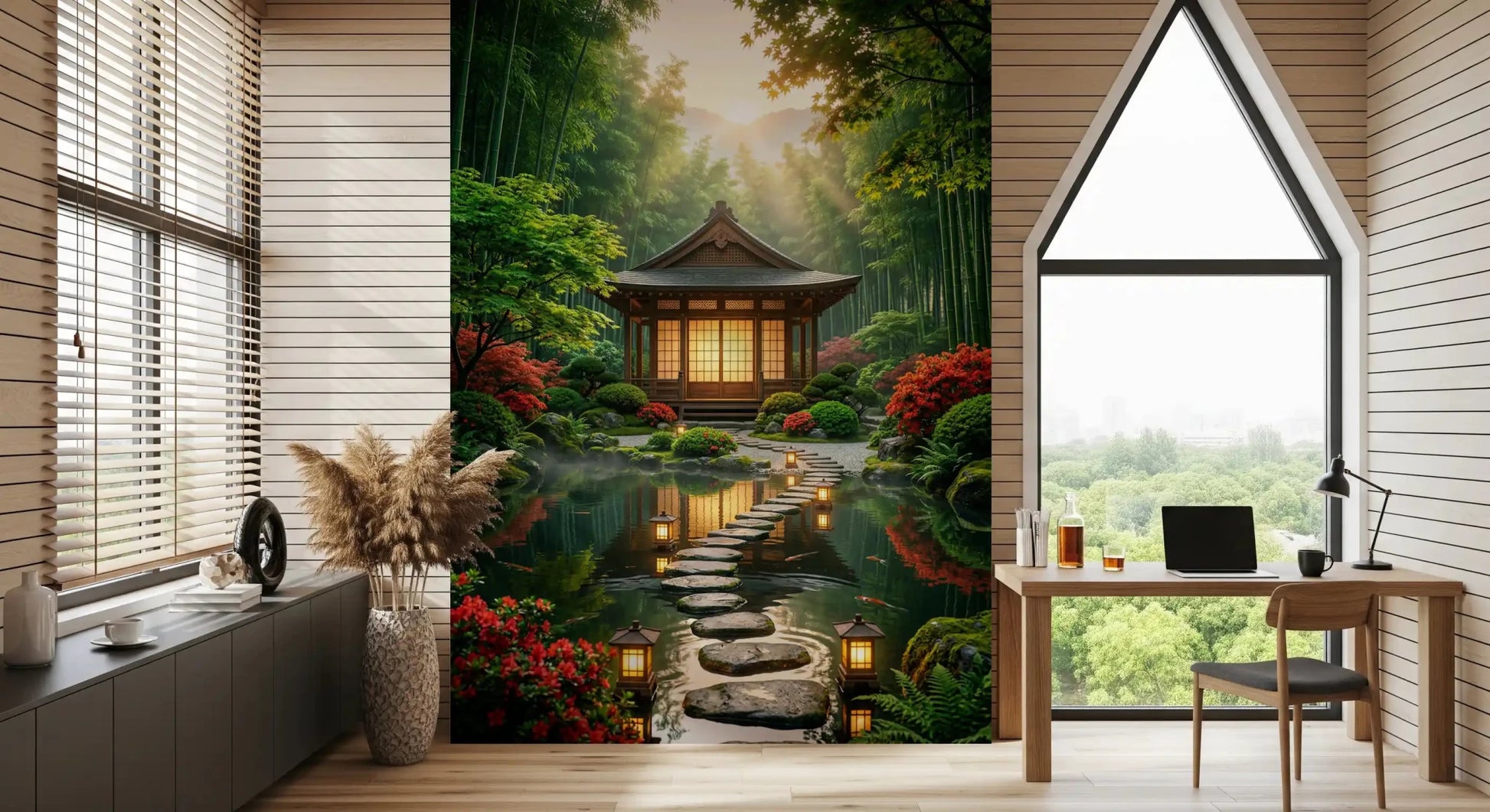 Workplace styled with Zen Garden Retreat Wall Mural near a sloped ceiling sofa, GD8930