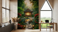 Workplace styled with Zen Garden Retreat Wall Mural near a sloped ceiling sofa, GD8930