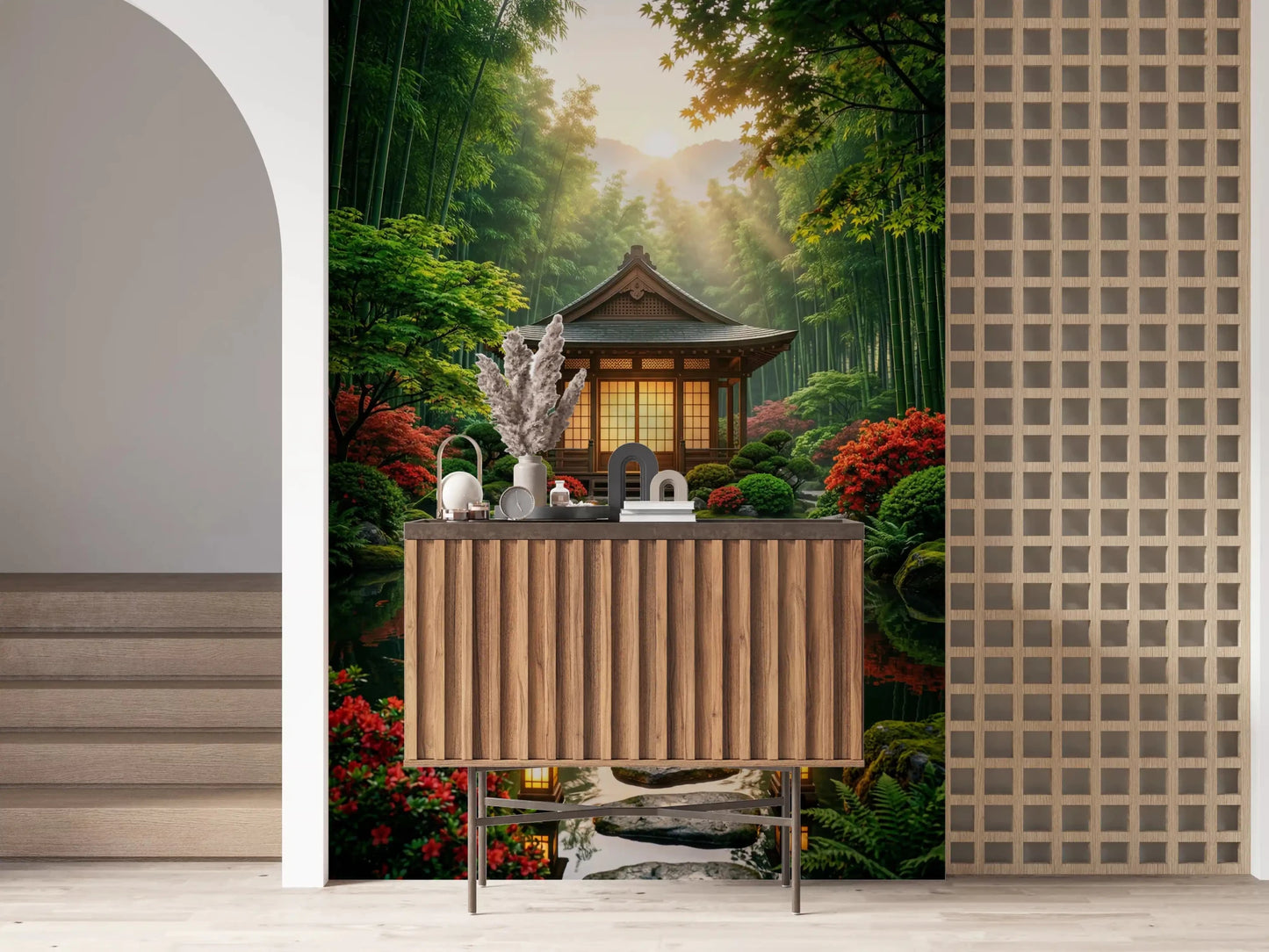 Light wood table area finished with Zen Garden Retreat Wall Mural in the backdrop, GD8930