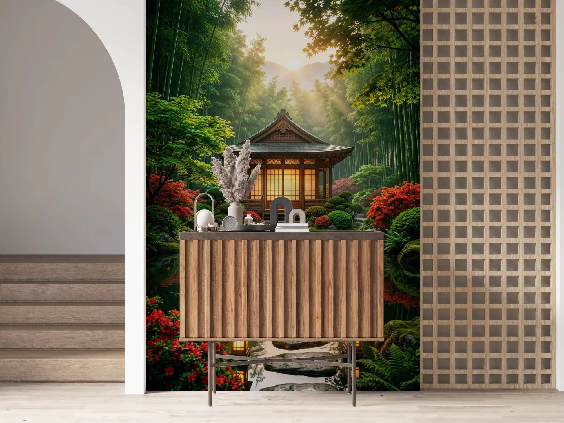 Light wood table area finished with Zen Garden Retreat Wall Mural in the backdrop, GD8930