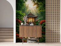 Light wood table area finished with Zen Garden Retreat Wall Mural in the backdrop, GD8930