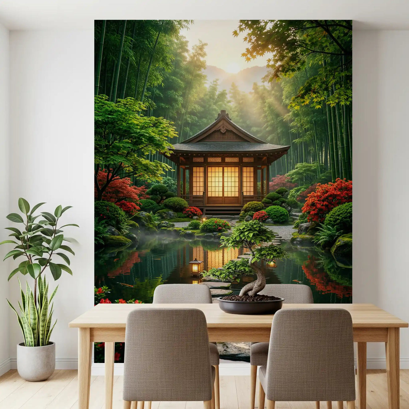 Dining setup with Zen Garden Retreat Wall Mural and soft beige chairs by the table