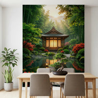 Dining setup with Zen Garden Retreat Wall Mural and soft beige chairs by the table, GD8930