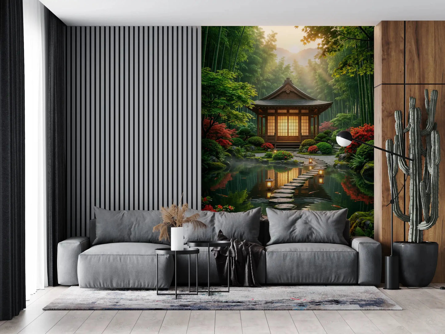 Sideboard styling with Zen Garden Retreat Wall Mural in a warm Living room corner, GD8930