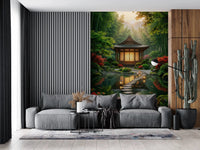 Sideboard styling with Zen Garden Retreat Wall Mural in a warm Living room corner, GD8930