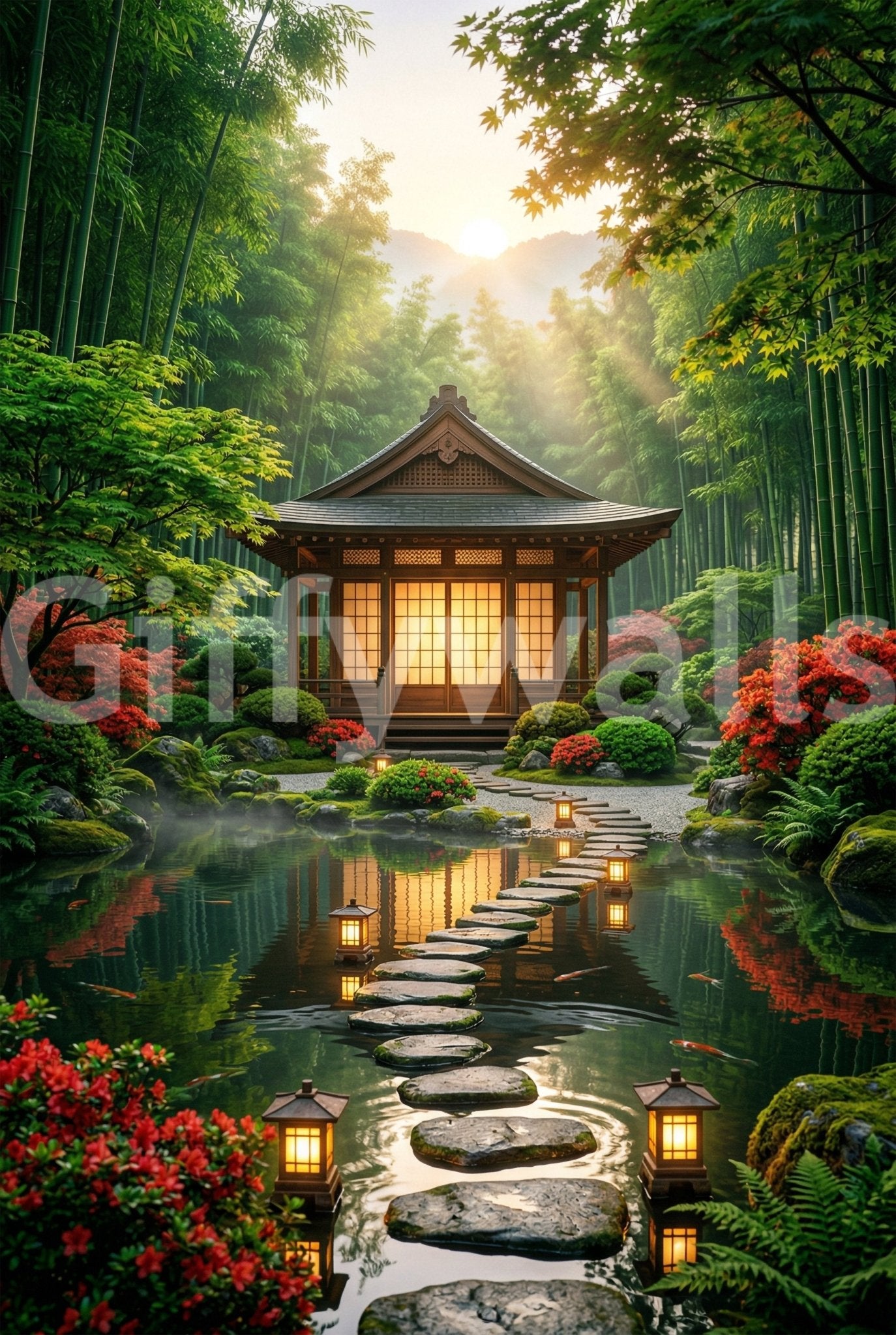Zen Garden Retreat Wall Mural with lantern path, bamboo grove, and still pond glow, GD8930