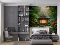 Zen Garden Retreat Wall Mural placed above the bed in a sleek grey bedroom, GD8930