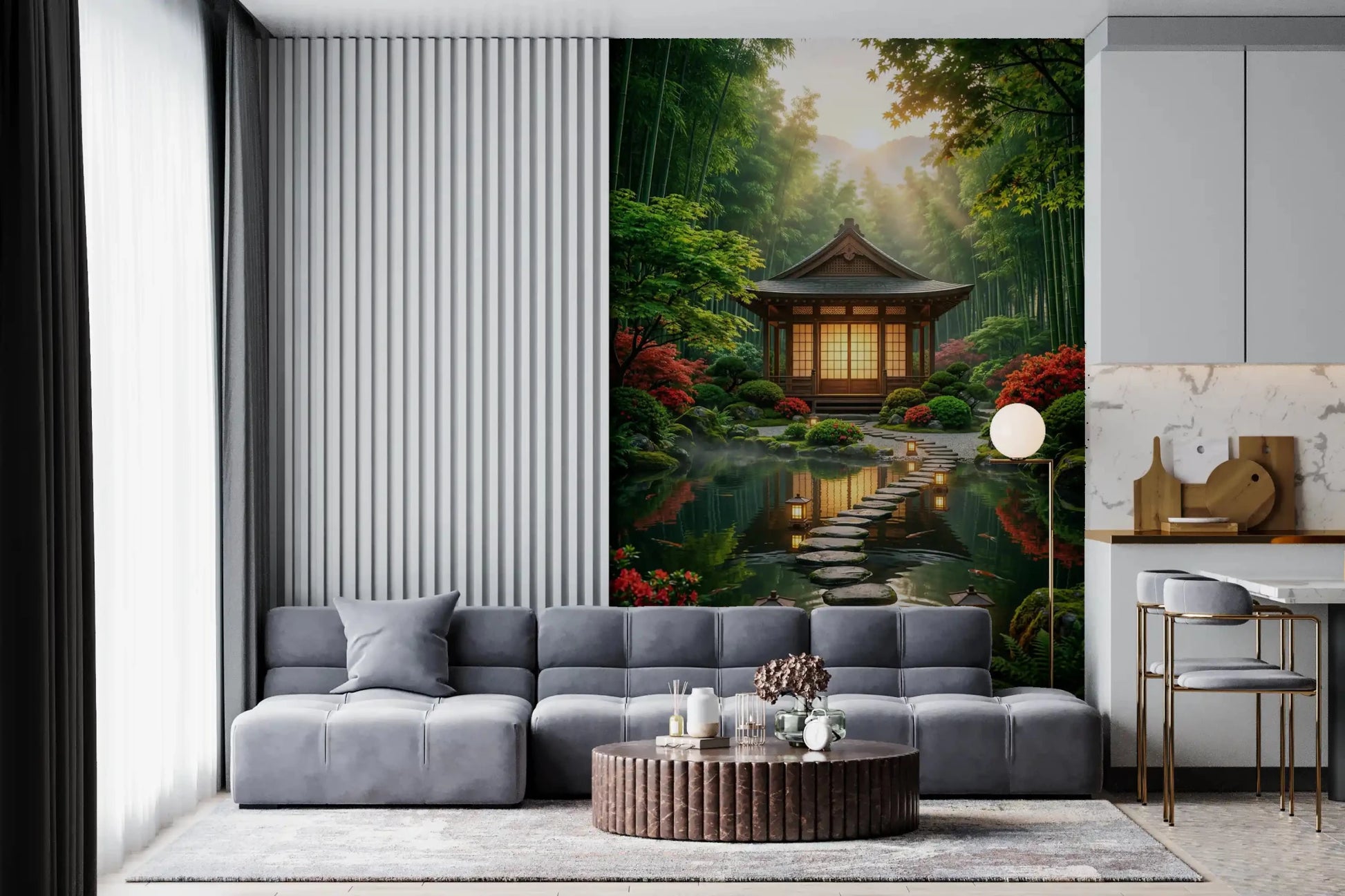 Zen Garden Retreat Wall Mural centred between curtains in a restful Living corner, GD8930