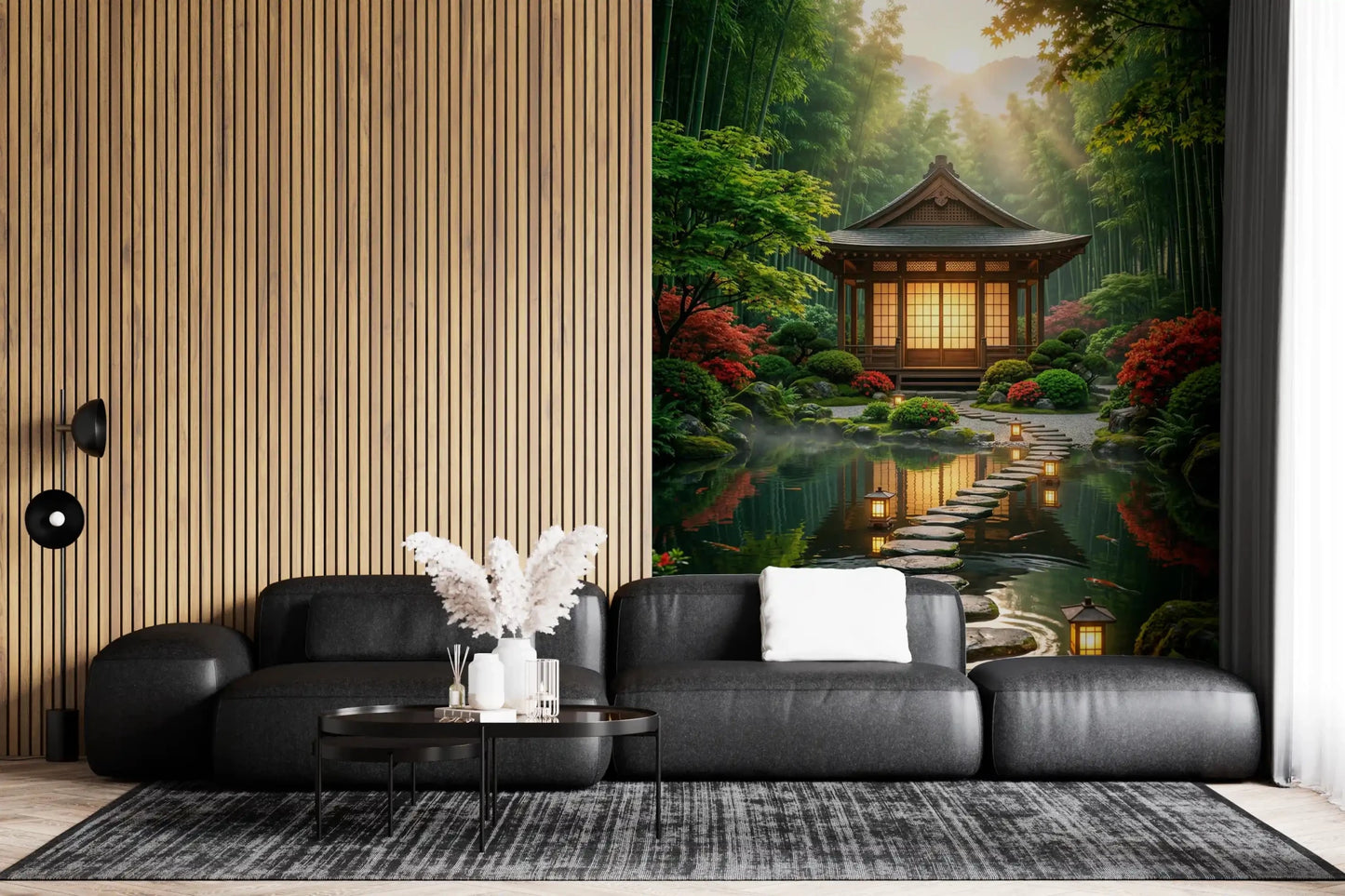 Zen Garden Retreat Wall Mural behind a dark vanity in a compact Living room scene, GD8930