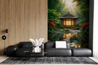 Zen Garden Retreat Wall Mural behind a dark vanity in a compact Living room scene, GD8930